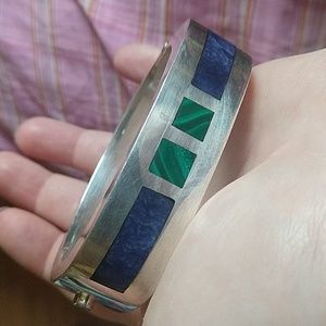 HEAVY sterling silver 925 malachite sodalite bracelet bangle vintage